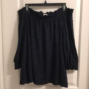 Blue off the shoulder 3/4 length shirt